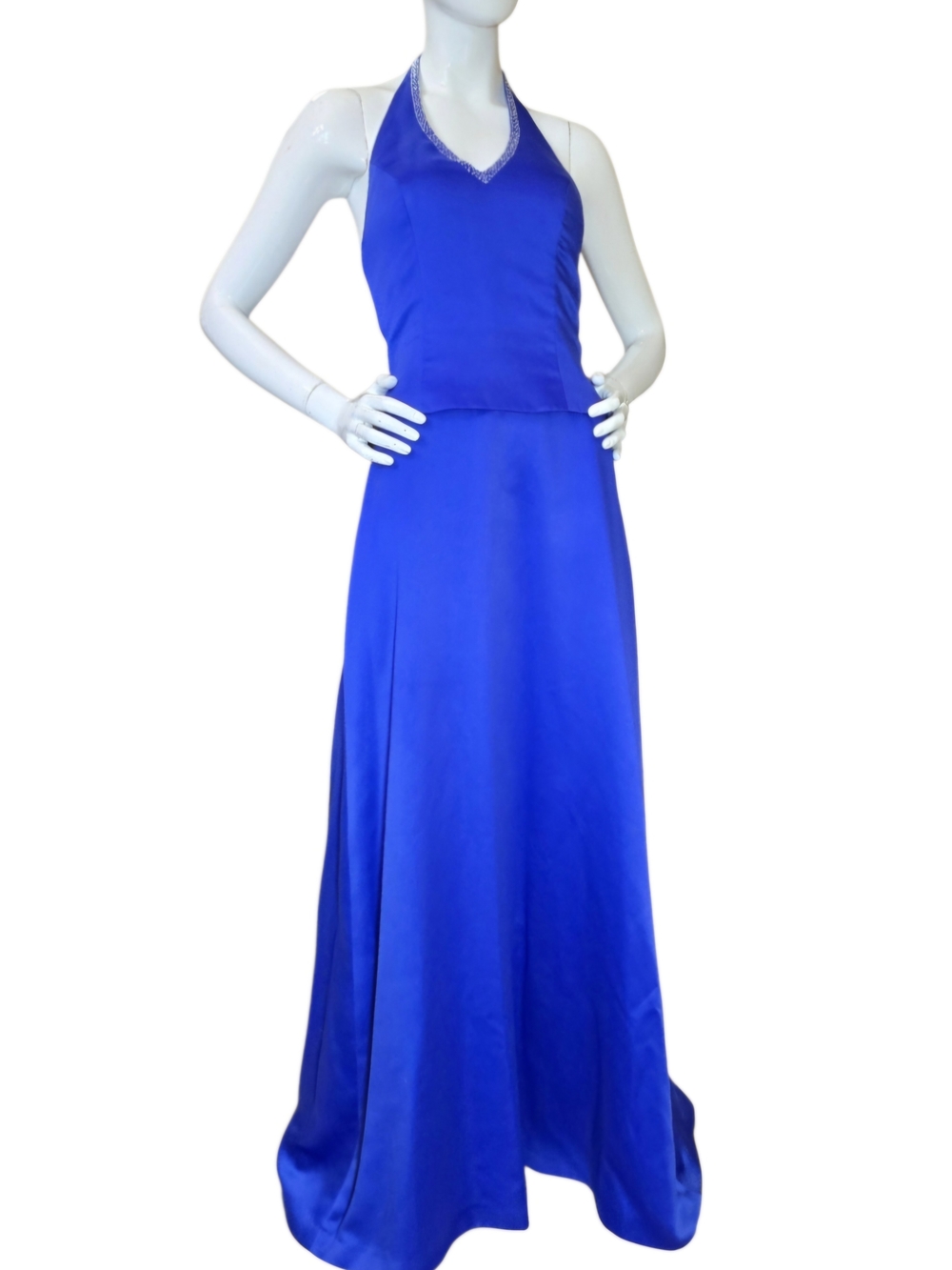 VTG B2 by Jasmine Royal Blue Satin Halter Maxi Gown Crystal Trim Size 10